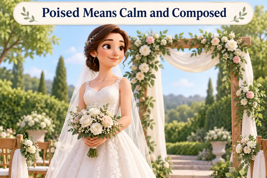 A calm bride stands naturally beside a floral arch, illustrating the adjective poised.