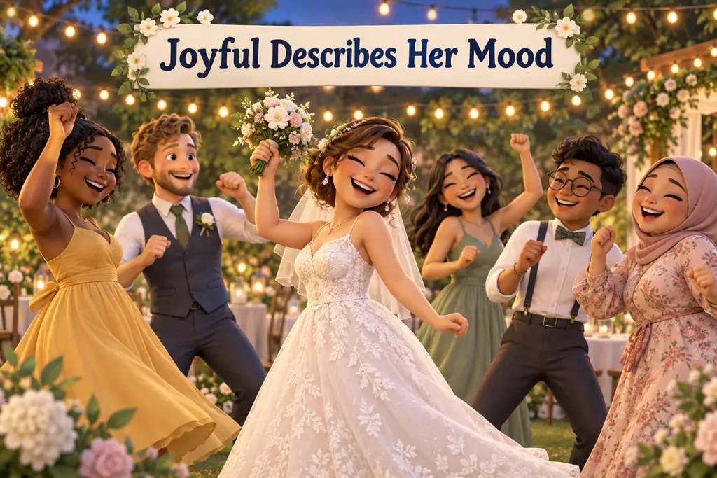 A bride and her friends celebrate together with relaxed smiles and dancing, illustrating a joyful mood.