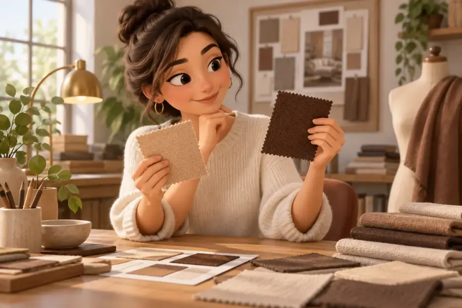 A designer compares pale sandy brown and deep brown fabric swatches.