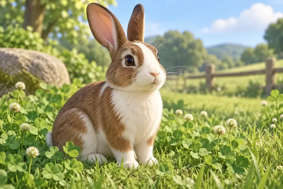 A brown-and-white rabbit sits alert in a patch of clover.