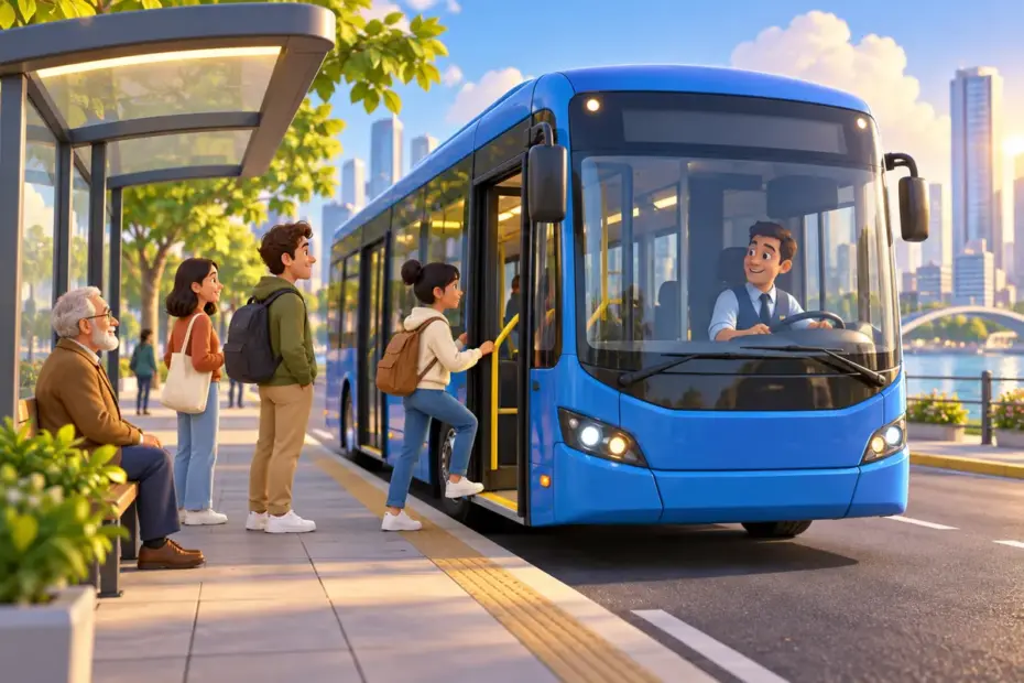 A sleek blue city bus waits at a bright curbside stop with a few passengers.
