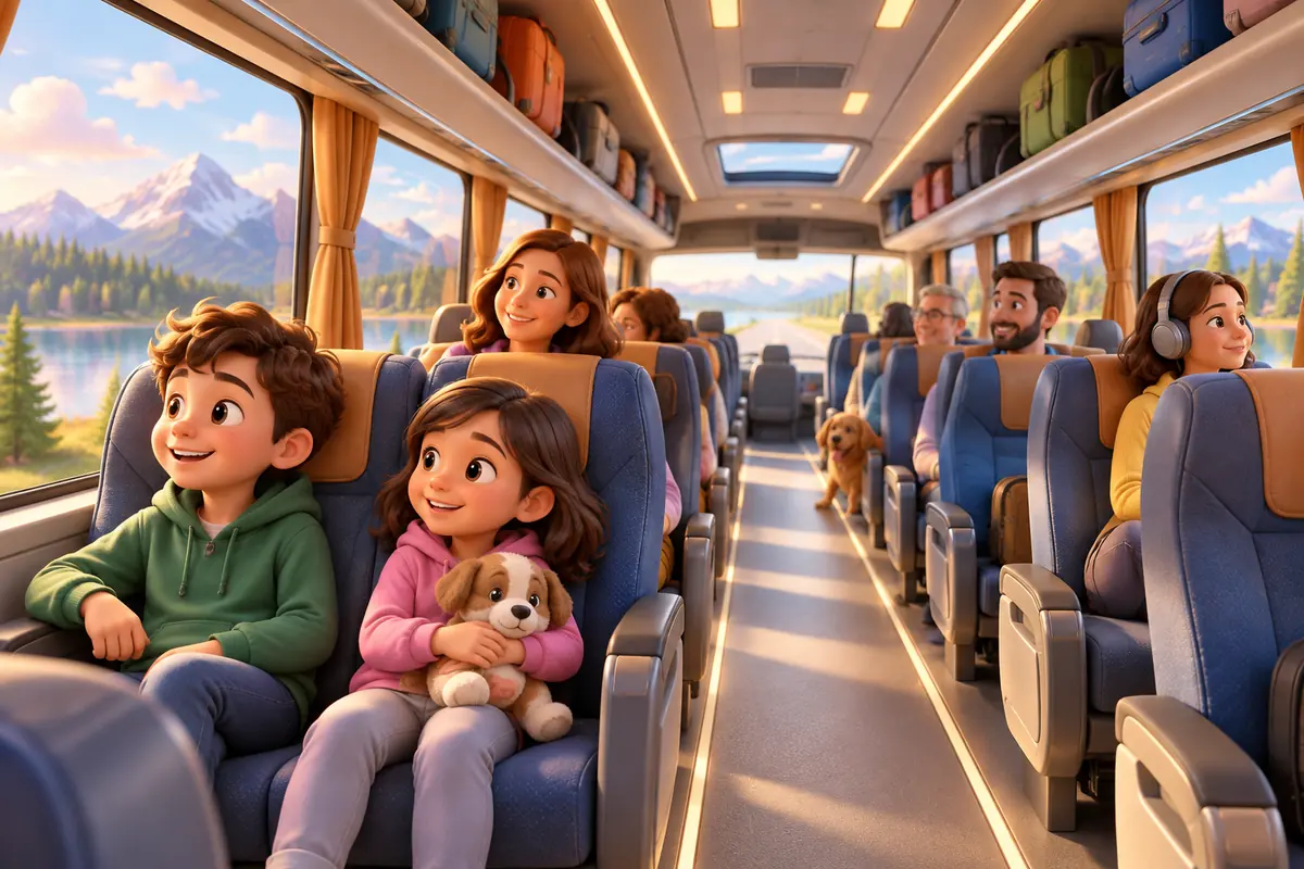 Inside a spacious bus with comfortable seats, wide aisle, and neatly stored luggage.