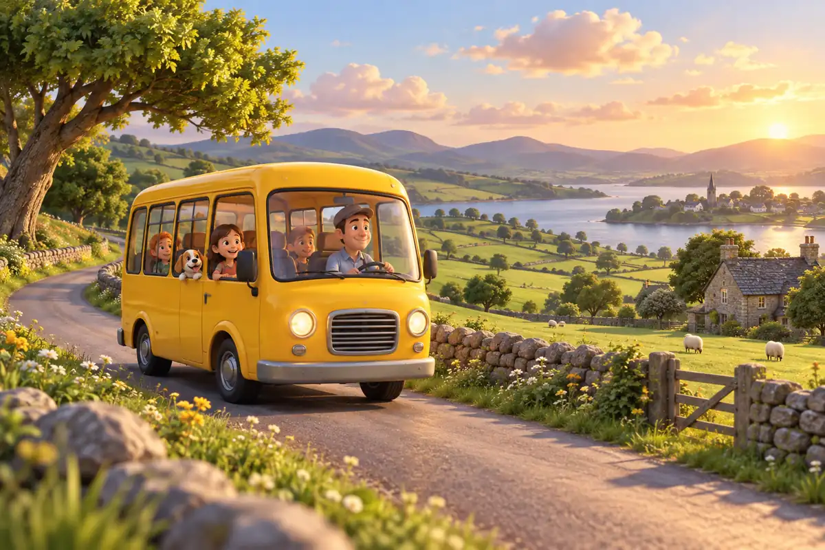 A small yellow bus travels along a winding country lane beside green fields.