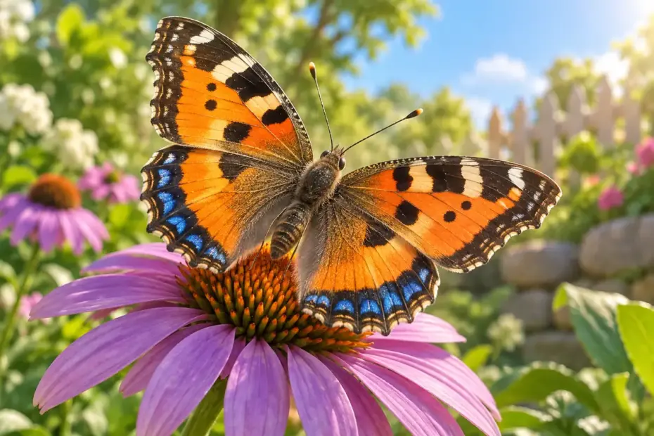 A patterned butterfly rests on a purple flower with sunlight catching its wings.