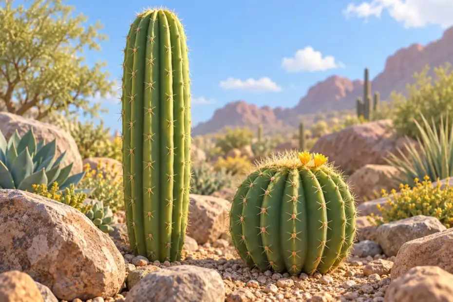 A ribbed columnar cactus and a round cactus grow together in a sunlit rock garden.