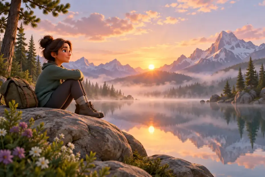 A person sits quietly beside a still mountain lake at sunrise, creating a serene scene.