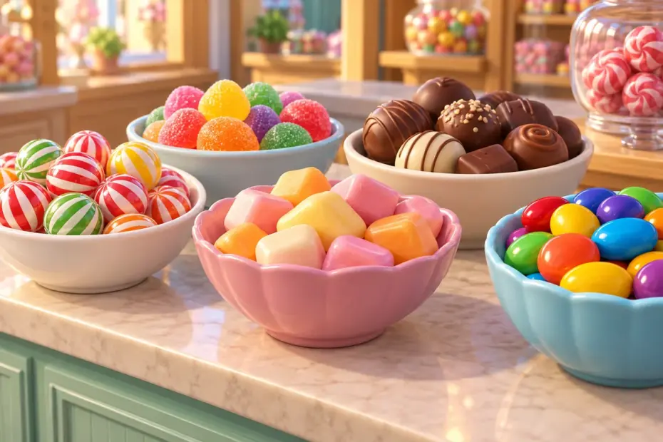 Assorted candies show different colors, shapes, and surfaces.