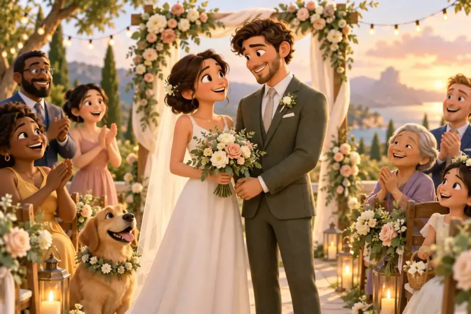 Guests gather beneath a flowered arch at a warm, joyful ceremony.