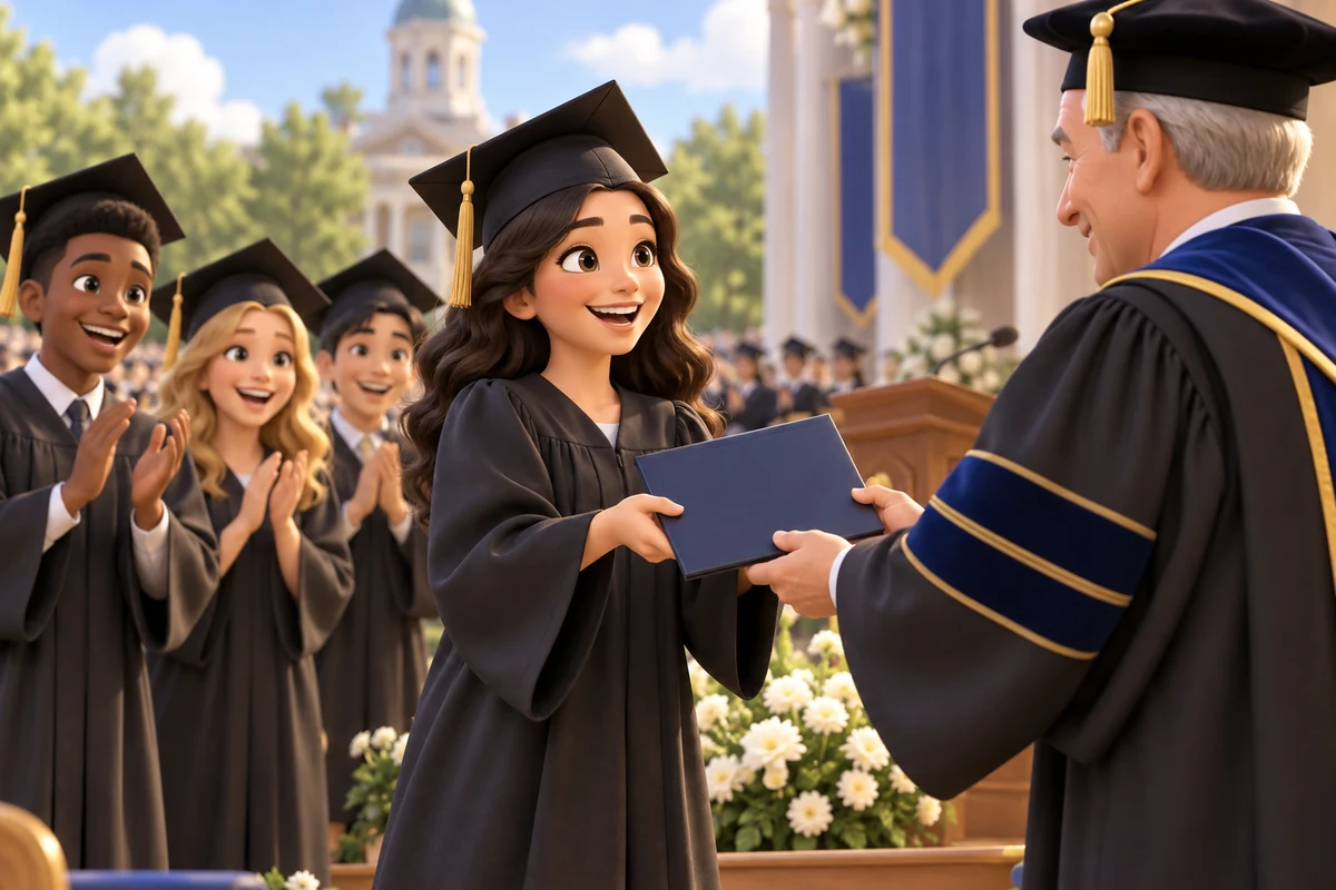 Graduates applaud as one student receives a diploma folder at commencement.