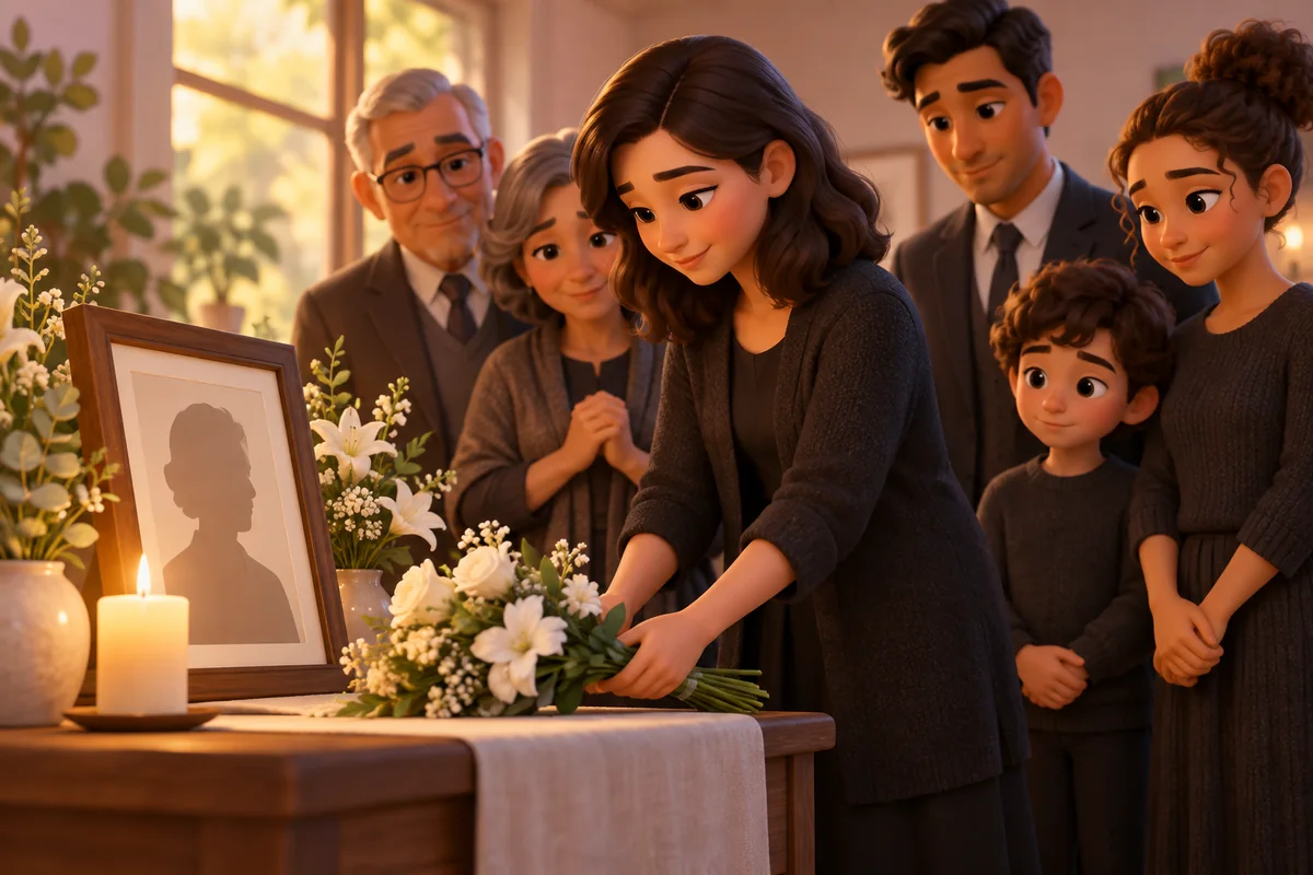 Guests stand together beside flowers and a candle at a quiet memorial gathering.