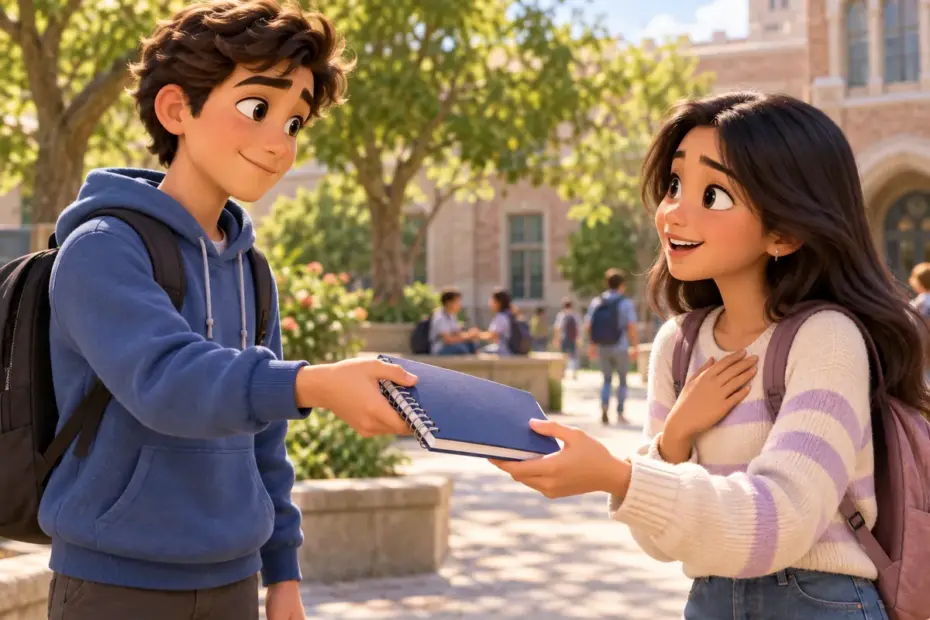 A person returns a found notebook to its owner, showing honesty and consideration.