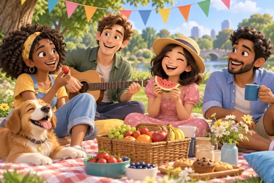 Friends share a cheerful outdoor picnic under colorful bunting, smiling beside a basket of fruit.