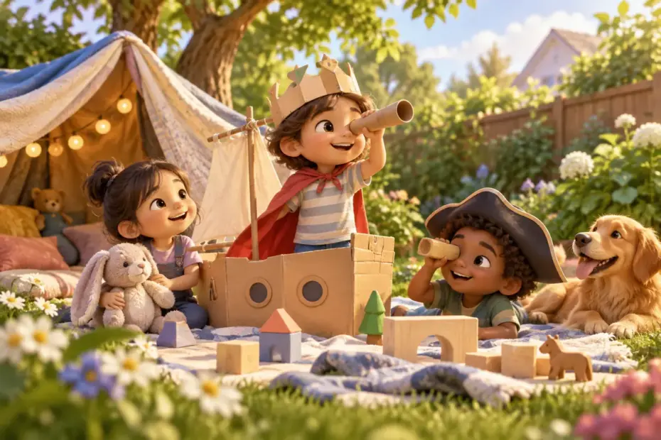 Children play in a garden with simple toys.