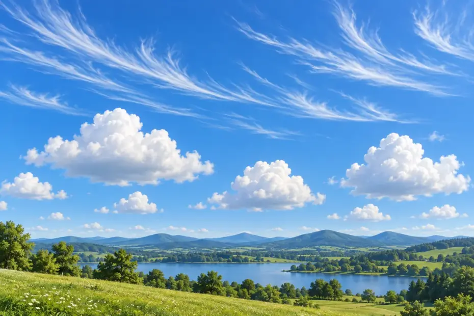 A bright blue sky shows thin wispy cirrus clouds above several rounded white cumulus clouds.