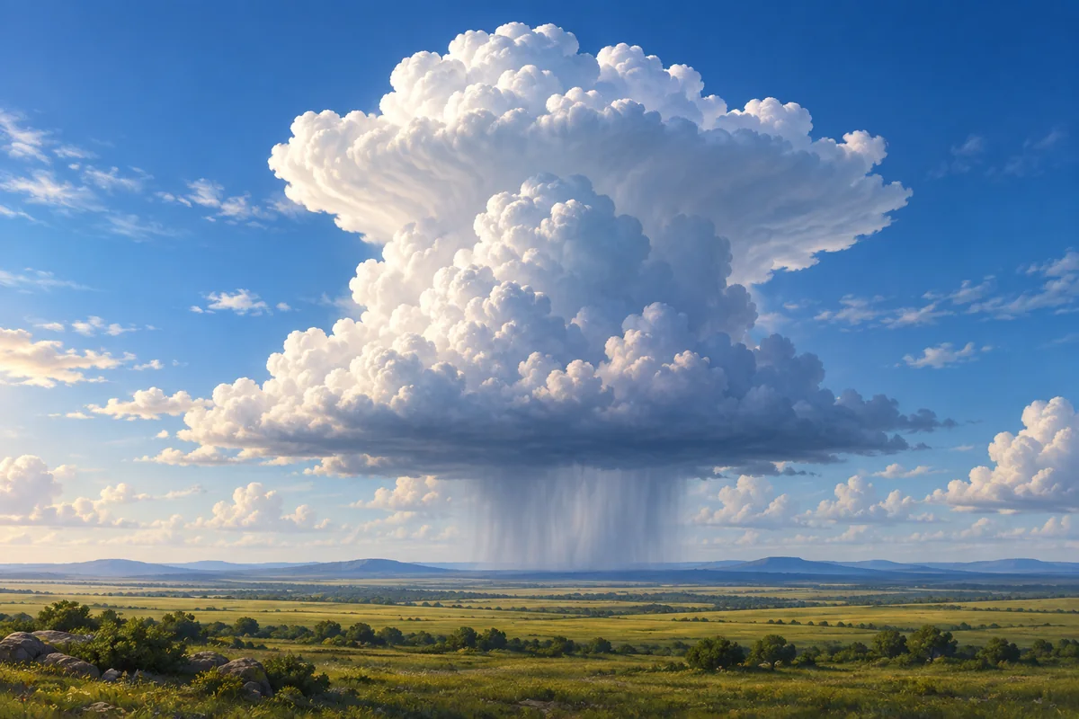 A tall cumulonimbus cloud builds over a distant plain, with a faint rain shaft beneath its darker center.