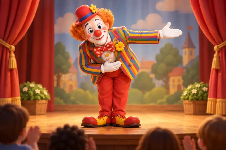 A colorful clown gives a theatrical bow.