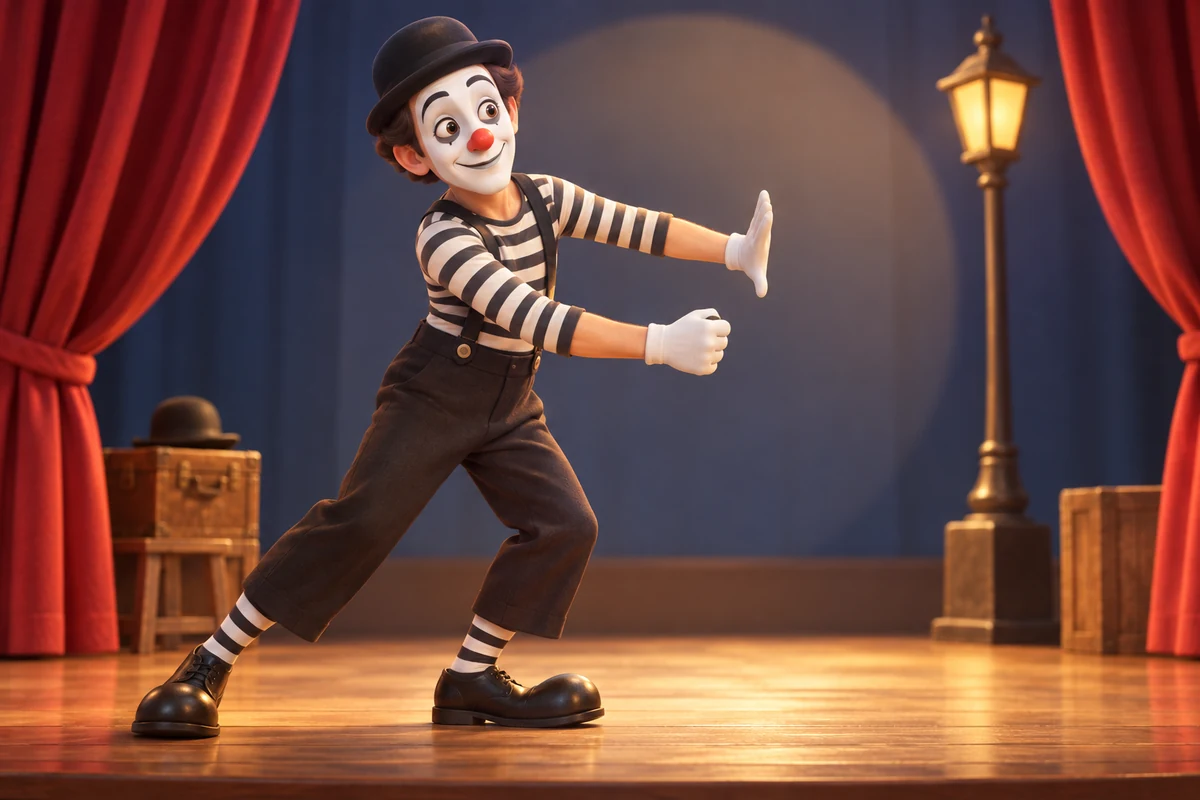 A silent clown tells a story through gestures.