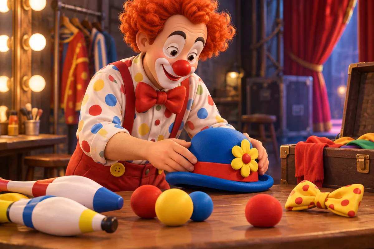 A performer prepares soft props before a routine.