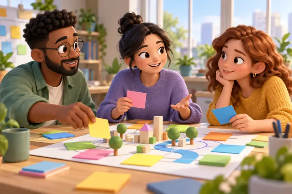 A diverse group of coworkers combines colorful ideas around a shared project table.