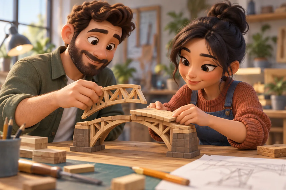 Two colleagues work together to assemble a small model bridge at a workshop table.