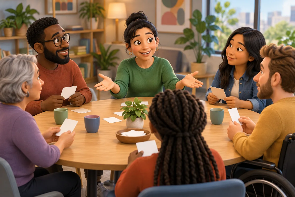 A facilitator invites each person around a table to contribute to an inclusive team discussion.