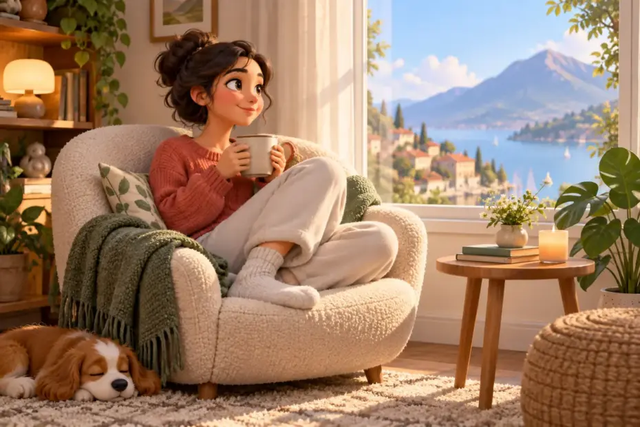 A person relaxes in a cushioned chair beside a bright window.