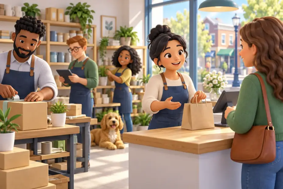 A small team works together in a bright neighborhood business with a customer at the counter.