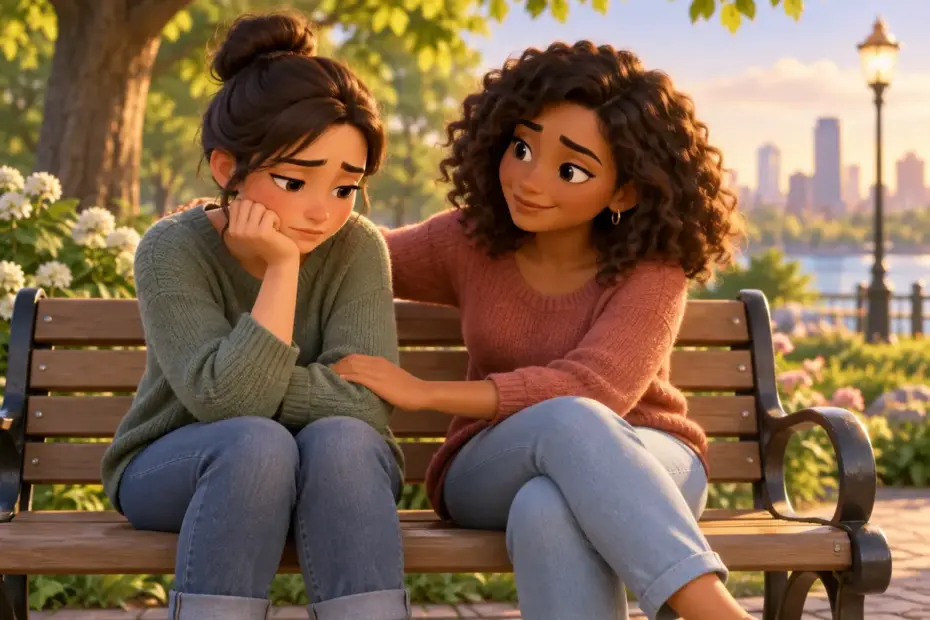One friend listens closely while comforting another on a park bench.