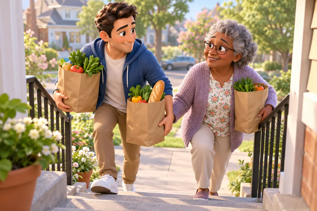 A volunteer helps a neighbor carry groceries up the front steps.