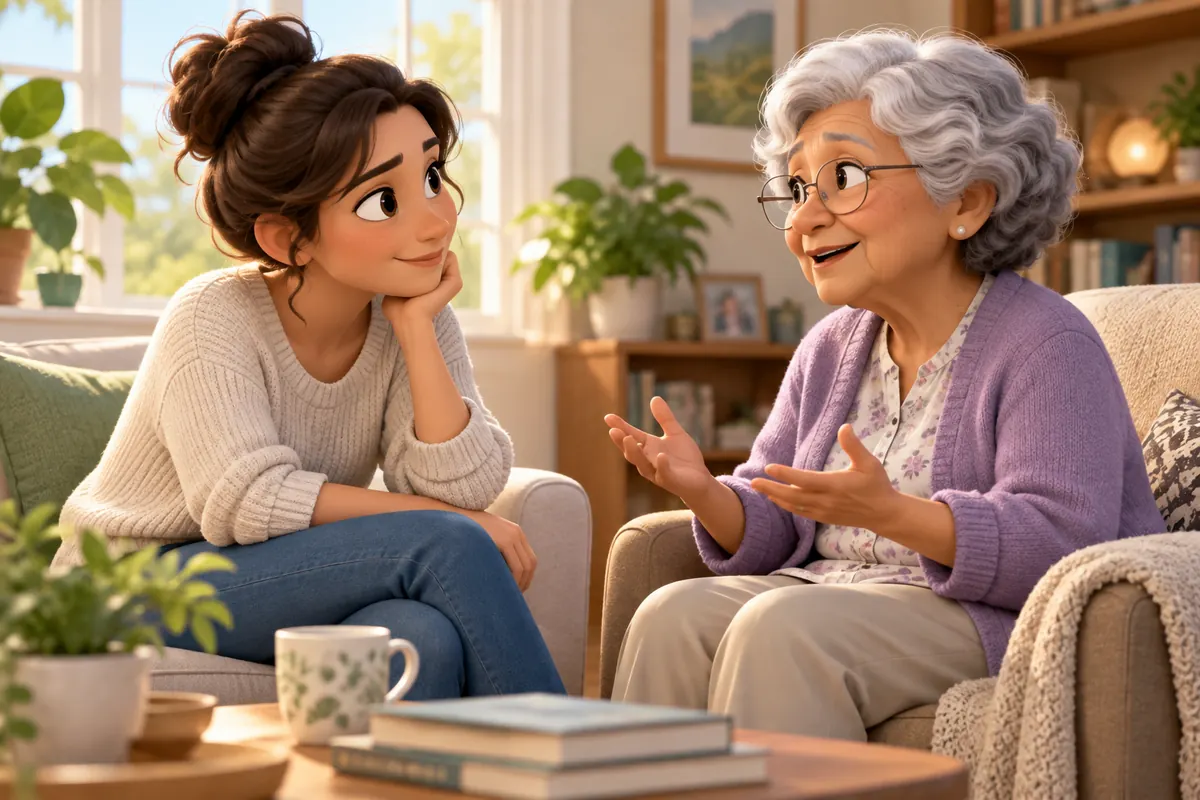 A caregiver sits at eye level and listens attentively to an older adult.