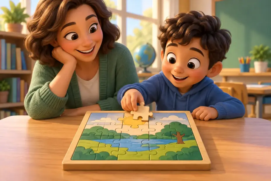 A student places the last piece into a wooden puzzle.