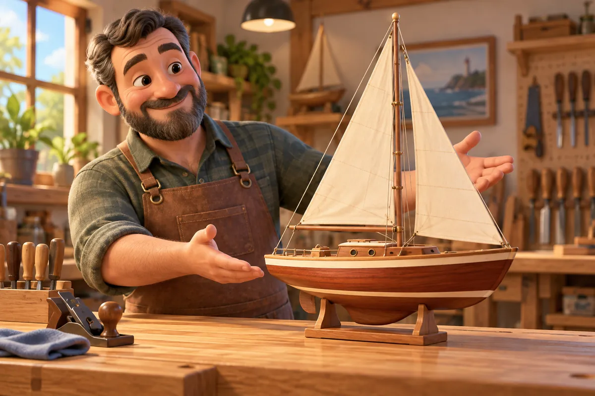 A craftsperson presents a finished model sailboat.
