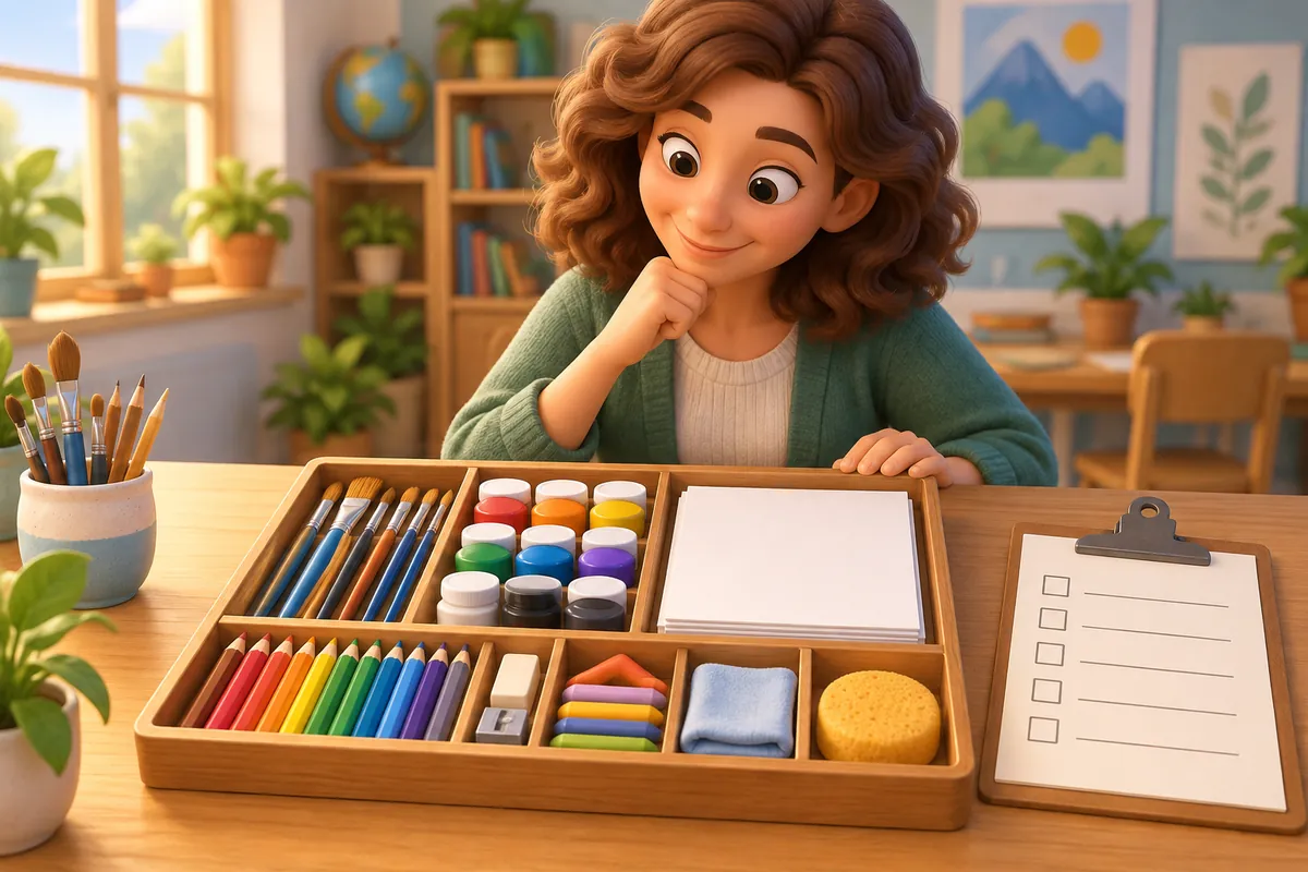 A teacher checks an art kit with all required items present.