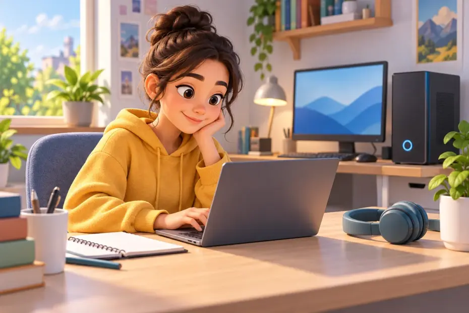 A student uses a laptop at a desk with a desktop computer nearby.