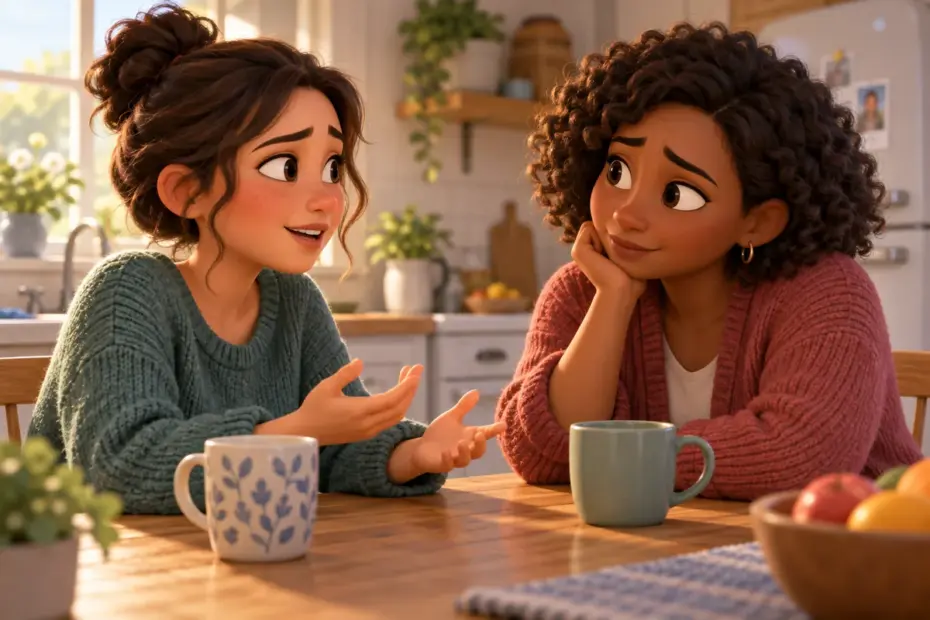 A caring adult listens with a concerned expression as a friend explains a problem.