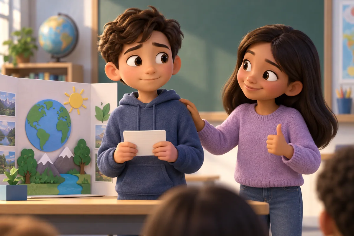 A student looks apprehensive before a classroom presentation as a classmate offers support.