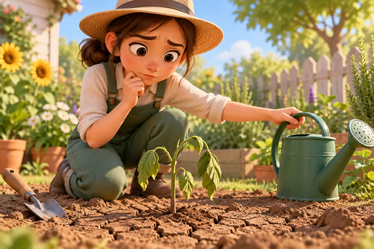 A gardener checks dry soil around a drooping plant with a concerned expression.