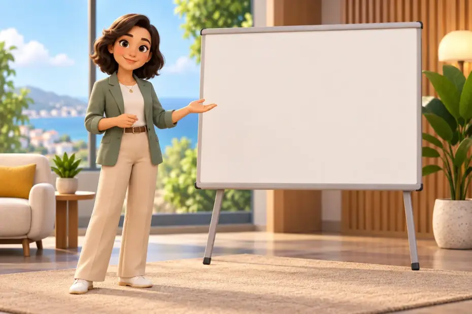 A speaker stands beside a plain presentation board.