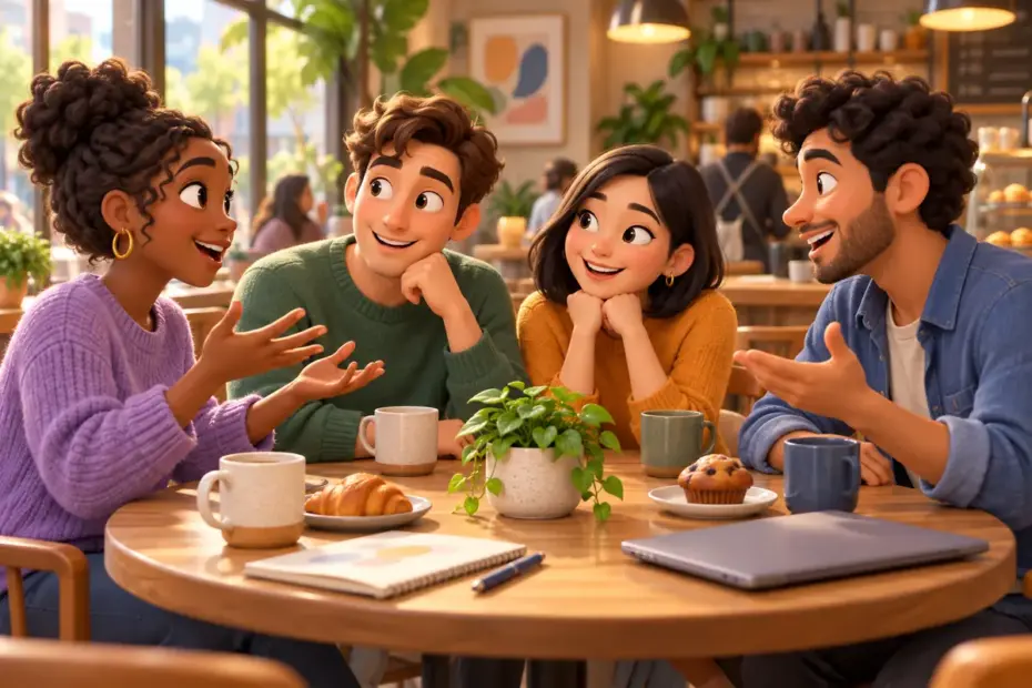 Friends share an animated café conversation.