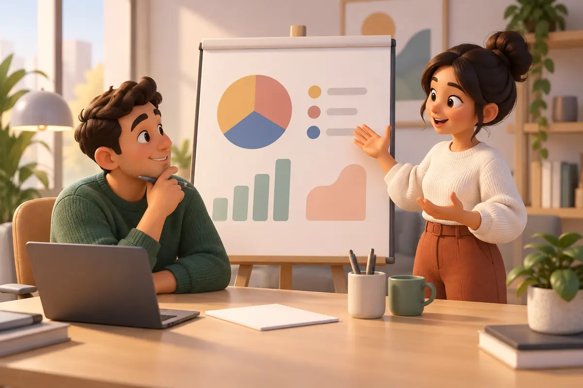 Colleagues discuss information in a quiet office.