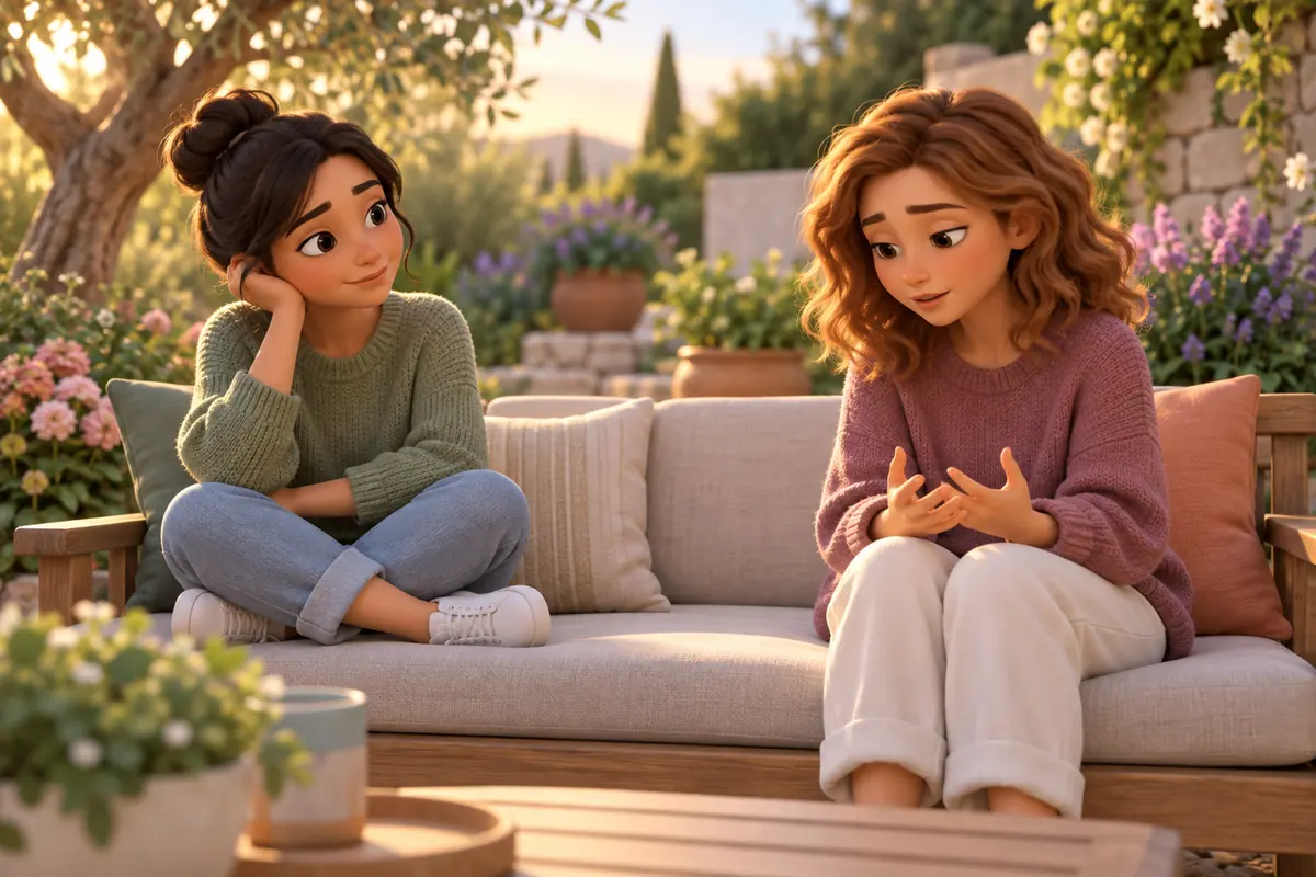 Friends hold a thoughtful garden conversation.