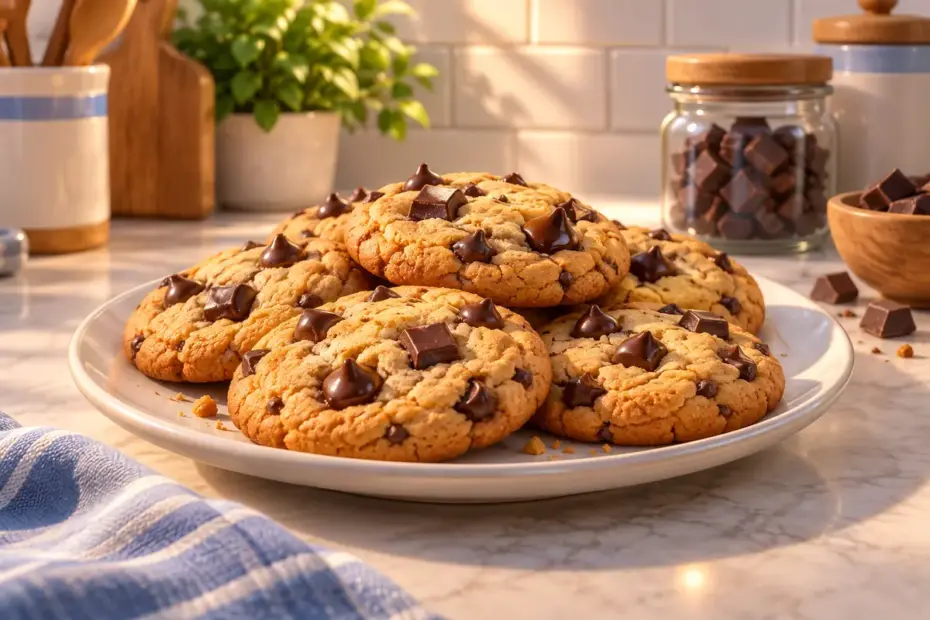 A plate holds golden cookies with crisp edges and chocolate pieces.
