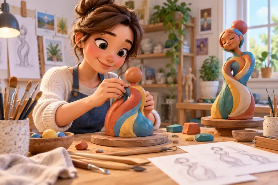 An artist shapes a colorful clay sculpture at a studio table surrounded by creative materials.