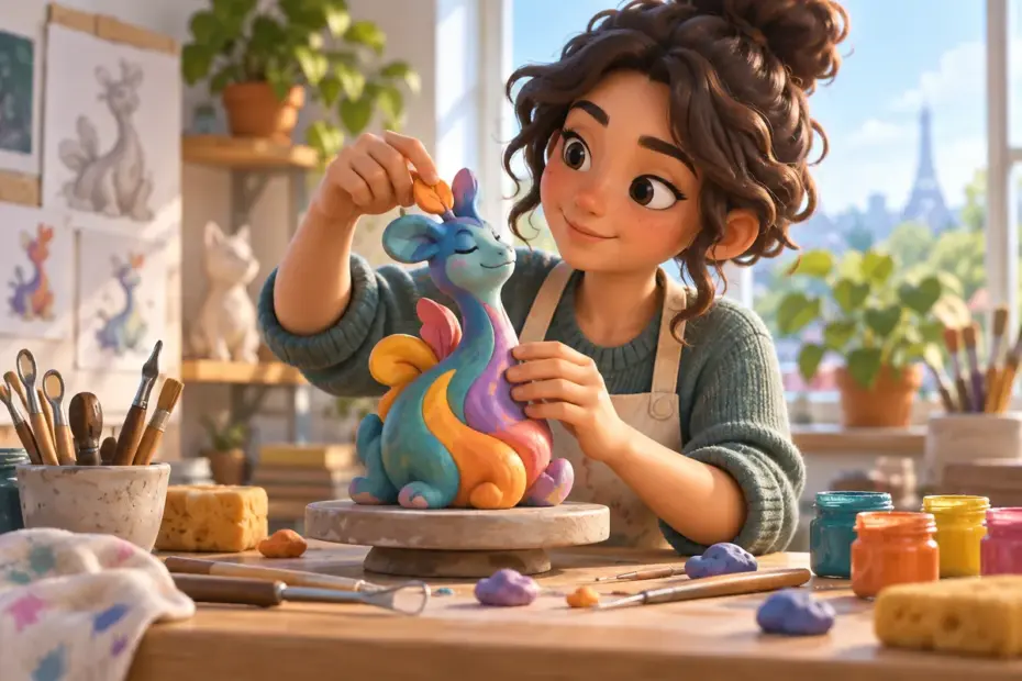 An artist shapes a colorful clay sculpture at a bright studio worktable.