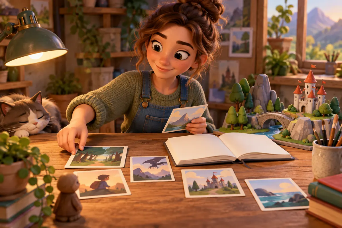 A writer sketches a story idea beside a small model set and open notebook.