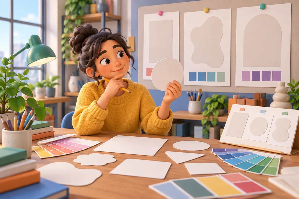 A designer experiments with paper shapes and paint swatches to develop a new poster concept.