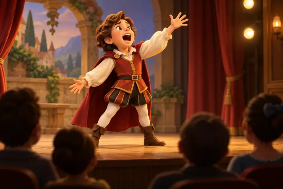 A young stage performer raises a hand during an expressive dramatic cry.