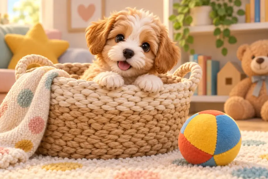 A tiny fluffy puppy peeks from a soft basket beside a bright toy, looking curious and friendly.