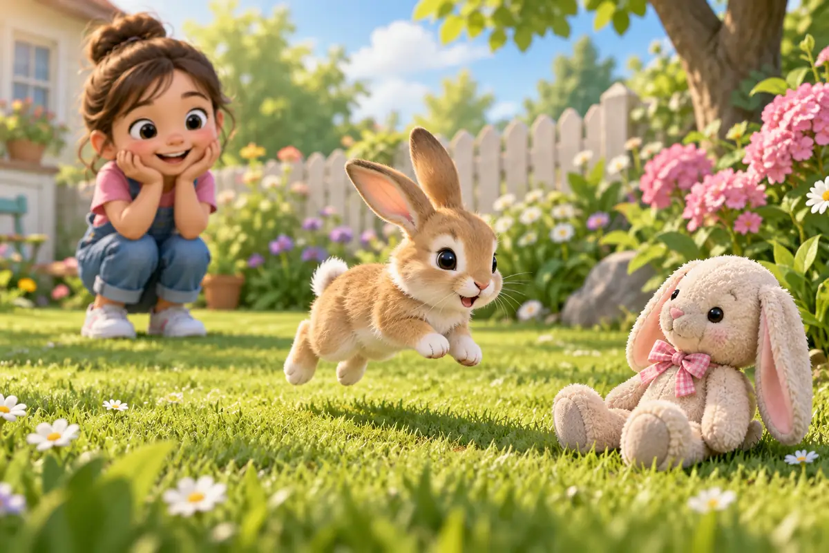 A child watches a small rabbit hop toward a soft toy in a sunny garden.