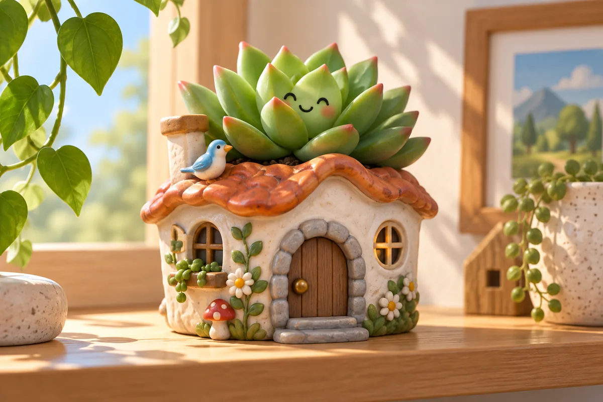 A whimsical miniature cottage-shaped planter holds a cheerful succulent on a sunny shelf.